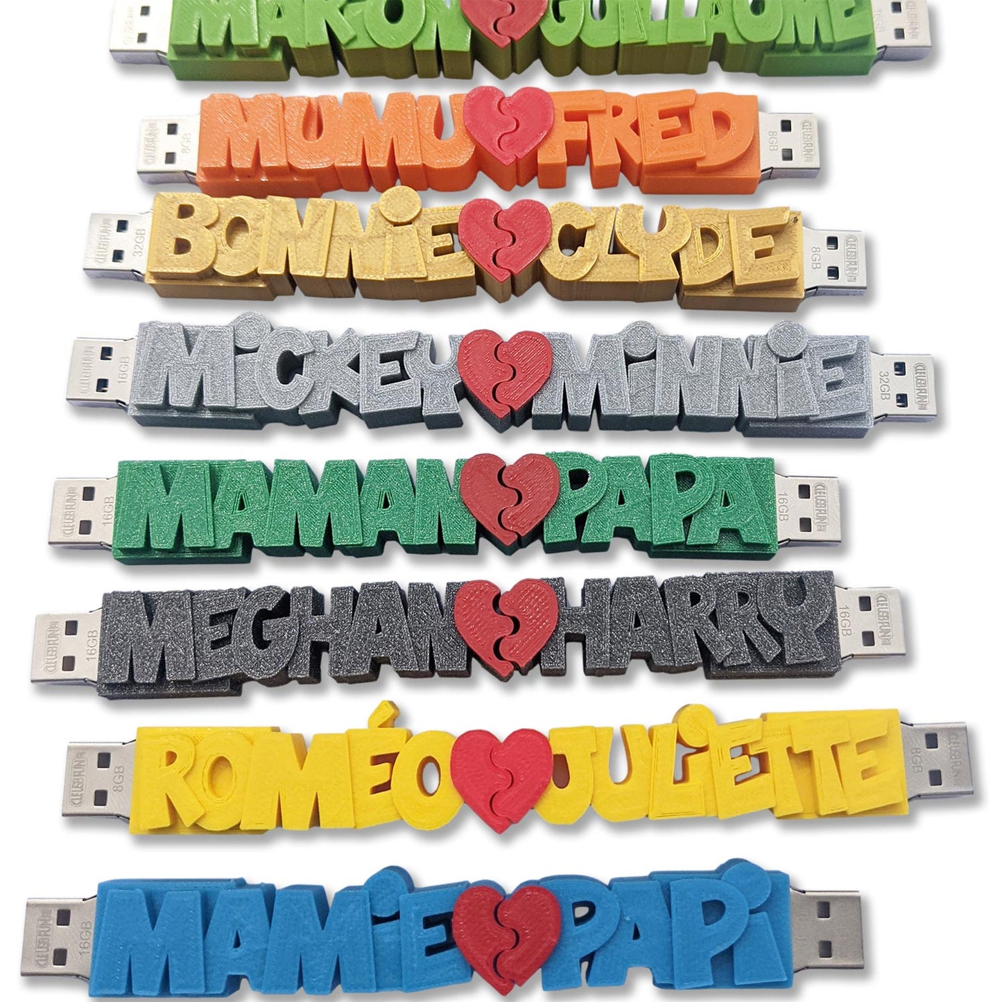2 Clés USB coeur et prénoms 3D personnalisées