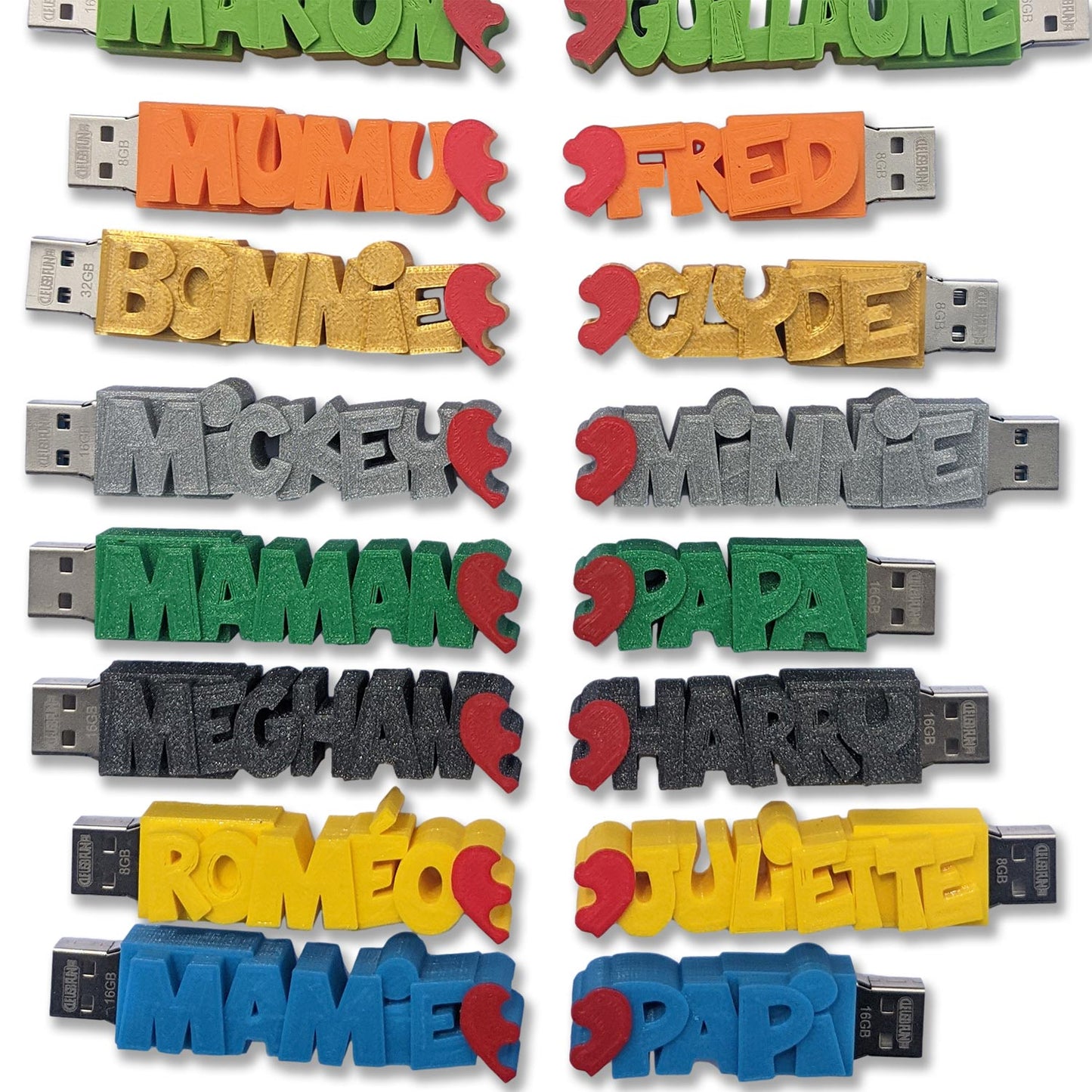 2 Clés USB coeur et prénoms 3D personnalisées