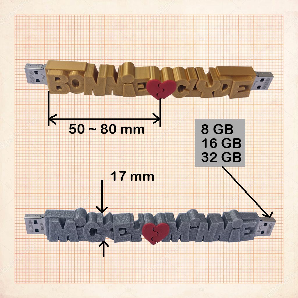 2 Clés USB coeur et prénoms 3D personnalisées